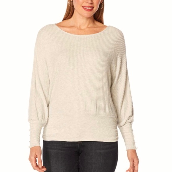 Democracy Brushed Waffle Knit Boat Neck Long-Sleeve Banded Hem Top Size L - Picture 1 of 11